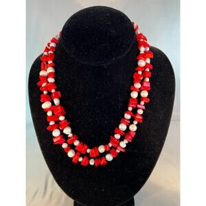 NWOT Handmade Cultured Freshwater Pearl w/ Coral Necklace 19”